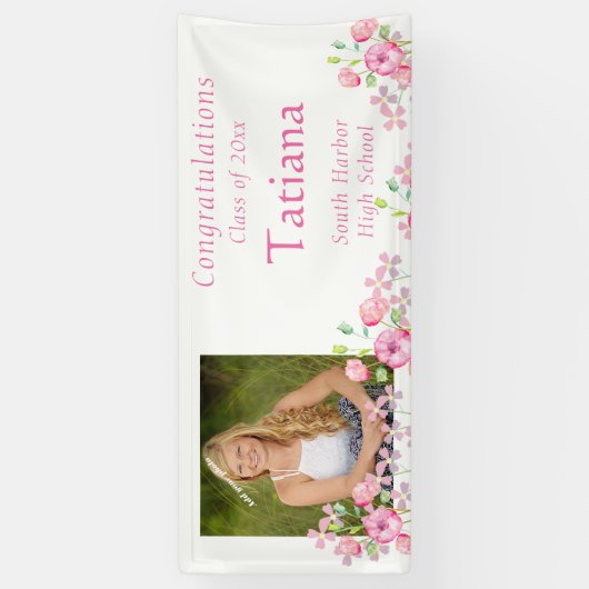 卒業式，水彩，ピンクフラワー，カスタム写真 横断幕 (縦)