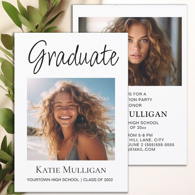 卒業式 2枚写真 白 卒業パーティー  (Graduation party invitation with 2 photos, printed on both sides.)