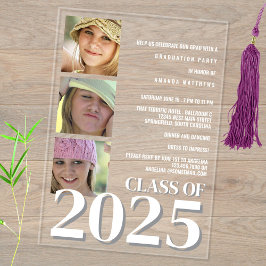 卒業式 2025 モダン ホワイト テキスト 3 枚の写真 卒業 アクリル招待状
