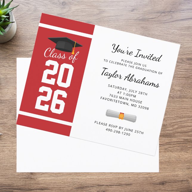卒業式 2026 赤と白の卒業パーティー招待状 (Graduation White Red Bold 2025 Party Invitation)
