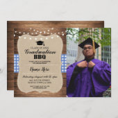 卒業式BBQフォトバーラップブルー素朴ウッド 招待状 (正面/裏面)