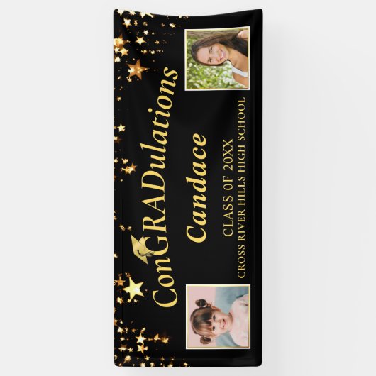 卒業式ConGRADrulationsフォト金ゴールドスターズブラック 横断幕 (縦)
