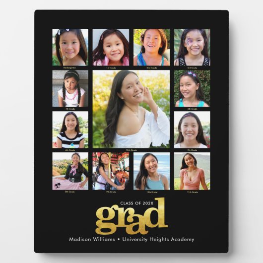 卒業式K-12フォトコラージュ黒モダン金ゴールド フォトプラーク (正面)