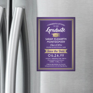 卒業式Save the Date エレガント Purple White金ゴールド マグネット招待状