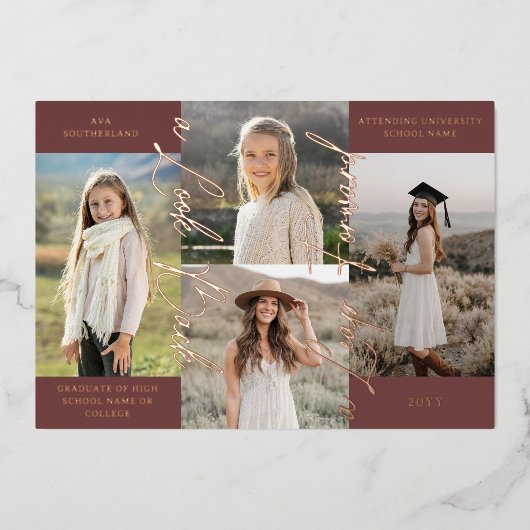 卒業後と今の写真コラージュのお知らせ 箔招待状 (正面)