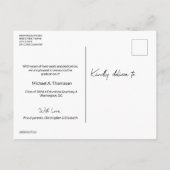 卒業後の男性の脚本と現在の卒業写真 案内ポストカード (裏面)