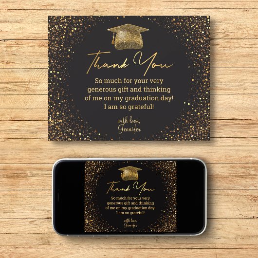 卒業感謝してい黒い黄金のグリッター輝く カード