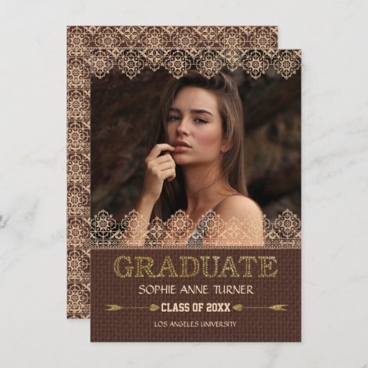 卒業招エレガント待 | レース金ゴールドグリッター 招待状 (正面/裏面)