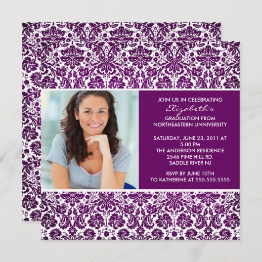 卒業招待状とフォトパープルダマスク 招待状 (正面/裏面)