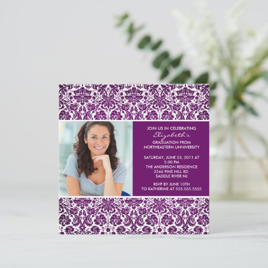 卒業招待状とフォトパープルダマスク 招待状 (スタンド正面)
