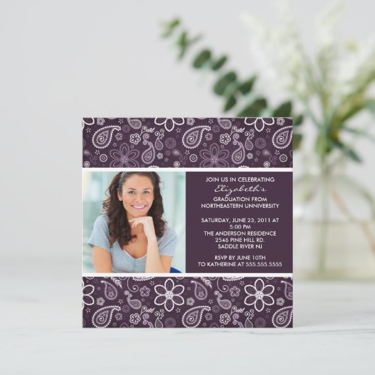 卒業招待状とフォトパープルペイズリー 招待状 (スタンド正面)