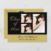 卒業招待状はがき、黒+金ゴールド、3枚 インビテーションポストカード (正面/裏面)