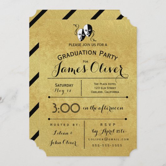 卒業招待状シアター専攻の金ゴールドとブラック 招待状 (正面/裏面)