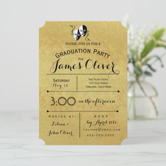 卒業招待状シアター専攻の金ゴールドとブラック 招待状 (スタンド正面)