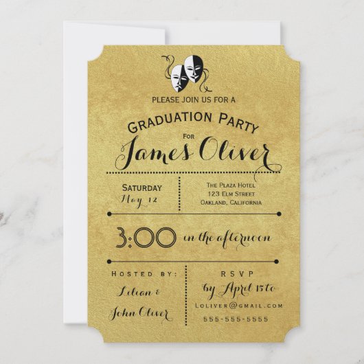 卒業招待状シアター専攻の金ゴールドとブラック 招待状 (正面)