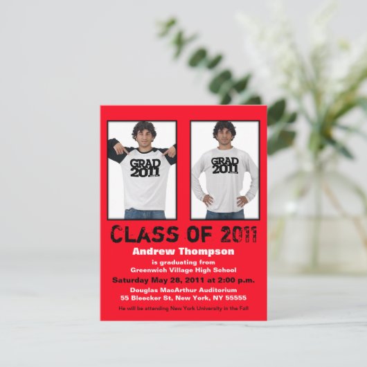 卒業招待状2枚の写真を追加赤A5 招待状 (スタンド正面)