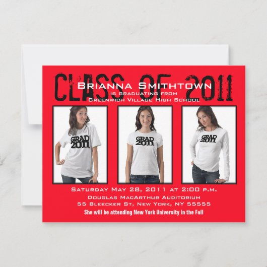 卒業招待状3枚の写真を追加赤A1 招待状 (正面)