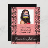 卒業招待状、ピンクと黒のダマスク 招待状 (正面/裏面)