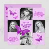 卒業招待状 – 紫の蝶 – 写真 招待状 (正面/裏面)