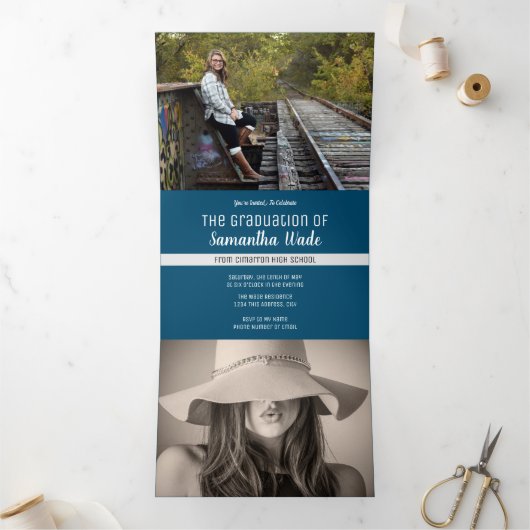 卒業数々の写真シンプル青紙吹雪2022 三つ折り案内状 (内部)