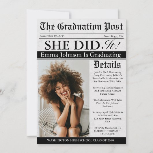 卒業新聞ユニークおもしろいカスタム写真2025 招待状 (正面)