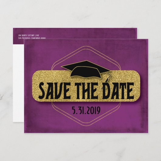 卒業日を保存する紫モダンの金ゴールド ポストカード (正面/裏面)