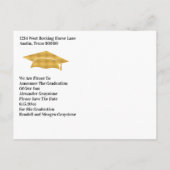 卒業日を保存する – フェイク金ゴールド卒業キャップ 案内ポストカード (裏面)