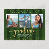 卒業日を緑で保存する写真金ゴールドグリッター インビテーションポストカード (正面)