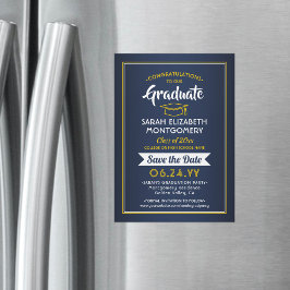 卒業日保存ネイビーブルーと金ゴールドイエロー マグネット招待状