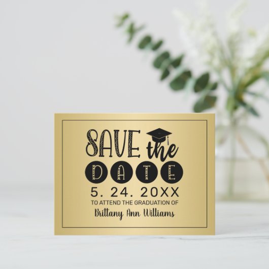 卒業日保存ブラックタイポグラフィ金ゴールド 案内ポストカード (スタンド正面)