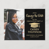 卒業日変更フォトブラック金ゴールド更新 案内ポストカード (正面)