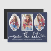 卒業日救付き可愛い4写真ネイビーブルーホワイト マグネット招待状 (正面/裏面)