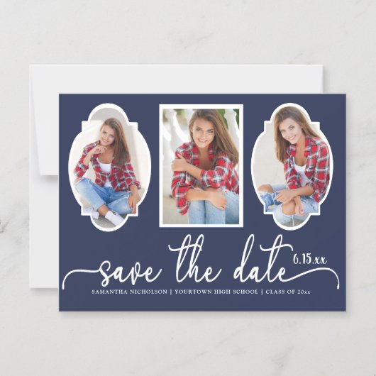 卒業日救付き可愛い4写真ネイビーブルーホワイト マグネット招待状 (正面)