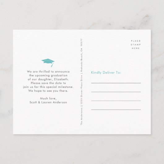 卒業日救付フォトタイポグラフィターコイズ インビテーションポストカード (裏面)