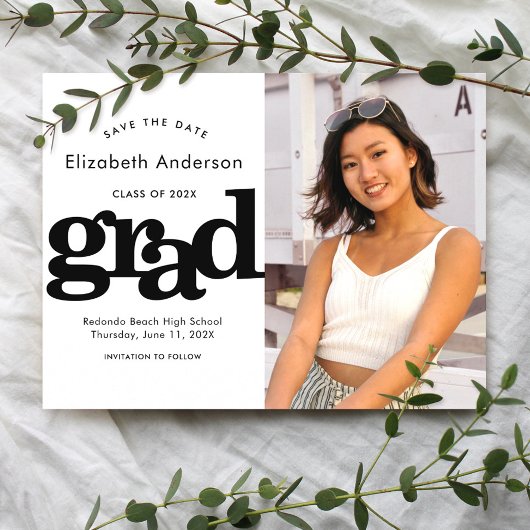 卒業日救付フォトタイポグラフィ白黒 インビテーションポストカード