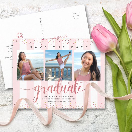 卒業日救付フォトモダンバラ金ゴールドスクリプト インビテーションポストカード