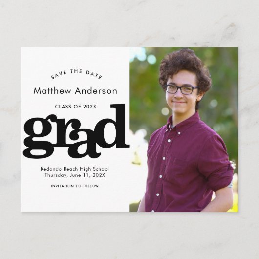 卒業日救付フォト白黒タイポグラフィ インビテーションポストカード (正面)