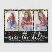 卒業日救付3フォト金ゴールドグリッターブラック マグネット招待状 (正面)