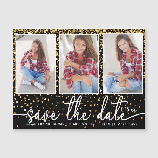 卒業日救付3フォト金ゴールドグリッターブラック マグネット招待状 (正面)