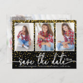 卒業日救付4フォト金ゴールドグリッターブラック インビテーションポストカード (正面/裏面)