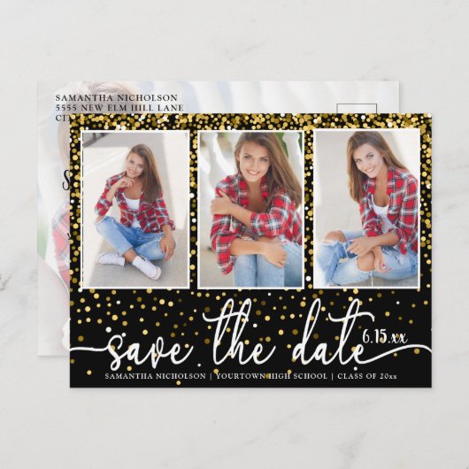 卒業日救付4フォト金ゴールドグリッターブラック インビテーションポストカード (正面/裏面)