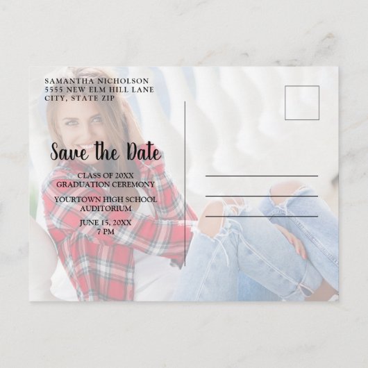 卒業日救付4フォト金ゴールドグリッターブラック インビテーションポストカード (裏面)