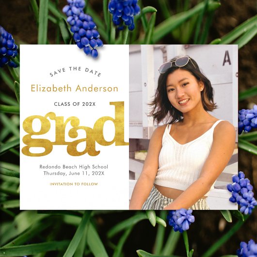 卒業日救金ゴールドタイポグラフィ白 インビテーションポストカード