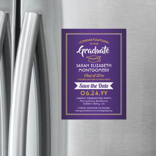 卒業日紫と金ゴールド黄を保存 マグネット招待状