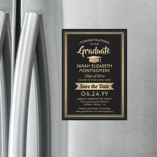 卒業日黒番とエレガント金ゴールド マグネット招待状