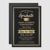 卒業日黒番とエレガント金ゴールド マグネット招待状 (正面/裏面)