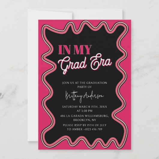 卒業時代にピンクと黒の波状の卒業式 招待状 (正面)