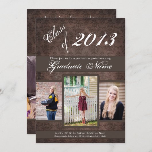 卒業案内- 4枚の写真ダマスグランジク 招待状 (正面/裏面)