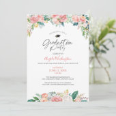 卒業水モダン色赤面フローラスクリプト 招待状 (スタンド正面)