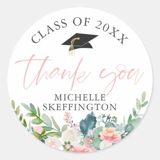 卒業水彩赤面ピンクフローラありがとう ラウンドシール (正面)